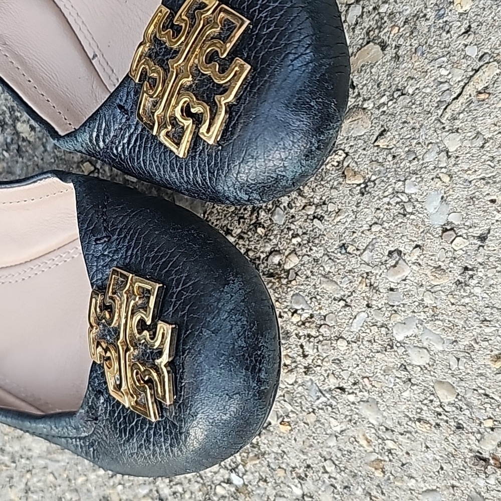 Tory Burch Melinda Ballet Flats Black Leather with Gold Logo Size 7 M - Picture 6 of 8